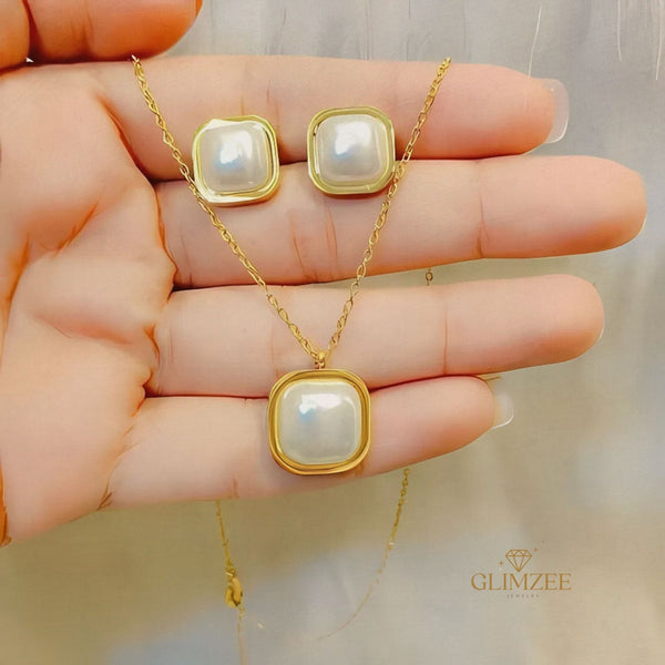 Square Pearl Set (Necklace & Studs)
