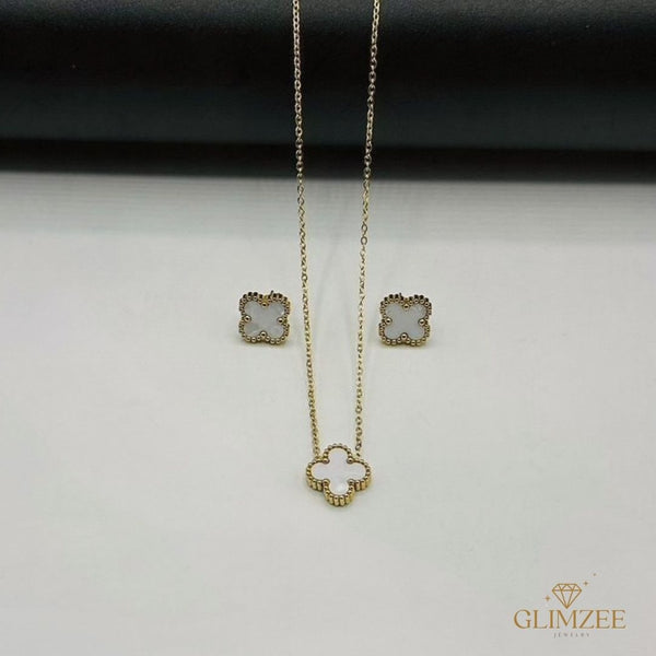 White Four Leaf Clover Set - Necklace & Earrings