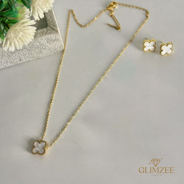 White Four Leaf Clover Set - Necklace & Earrings