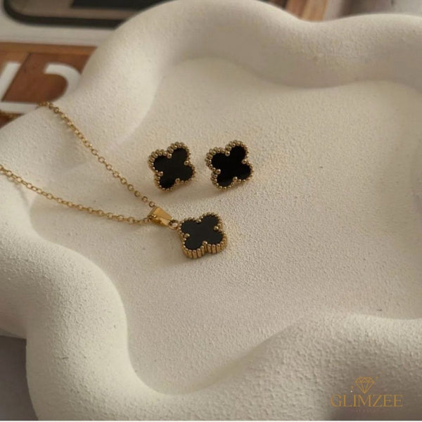 Black Four Clover Set - Necklace & Earrings